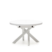 Load image into Gallery viewer, Vashti extendable round table in glass and MDF with steel legs in white, Ø 120(160)x120cm - image 5