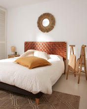 Load image into Gallery viewer, Calixta solid teak wood and leather headboard with natural finish for a bed up to 150 cm - image 2