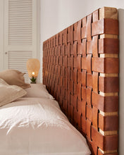 Load image into Gallery viewer, Calixta solid teak wood and leather headboard with natural finish for a bed up to 150 cm - image 3