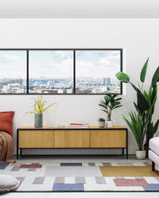 Load image into Gallery viewer, Nadyria oak wood veneer 3 door TV stand with black finish steel, 180 x 50 cm - image 6