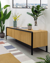 Load image into Gallery viewer, Nadyria oak wood veneer 3 door TV stand with black finish steel, 180 x 50 cm - image 5