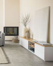 Load image into Gallery viewer, Abilen oak wood veneer TV stand with 2 doora and 2 drawers in white lacquer, 200 x 44 cm FSC 100% - image 4