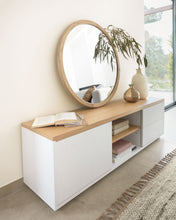 Load image into Gallery viewer, Abilen oak wood veneer TV stand with 1 door &amp; 2 drawers in white lacquer, 150 x 44 cm FSC 100% - image 4