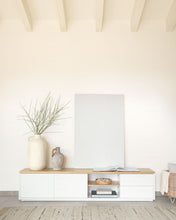 Load image into Gallery viewer, Abilen oak wood veneer TV stand with 2 doora and 2 drawers in white lacquer, 200 x 44 cm FSC 100% - image 3