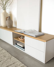 Load image into Gallery viewer, Abilen oak wood veneer TV stand with 2 doora and 2 drawers in white lacquer, 200 x 44 cm FSC 100% - image 5