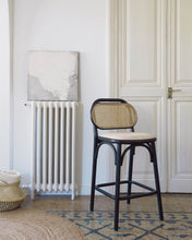 Load image into Gallery viewer, Doriane 65 cm height solid elm stool black lacquer finish and upholstered seat - image 4