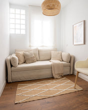 Load image into Gallery viewer, Tanit sofa bed in white with natural finish solid beech wood legs, 210 cm FSC Mix Credit - image 11
