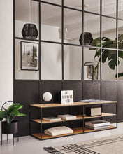 Load image into Gallery viewer, Yoana TV stand with an oak wood veneer and painted black metal structure, 160 x 40 cm - image 3