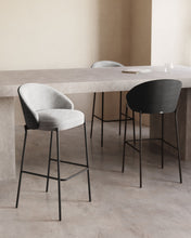 Load image into Gallery viewer, Eamy stool light grey chenille and ash wood veneer with a black finish and black metal, 65 cm - image 11