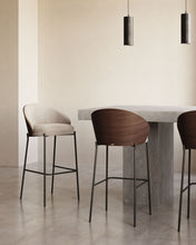 Load image into Gallery viewer, Eamy stool light brown chenille and ash wood veneer with a walnut finish and black metal 77 cm - image 11