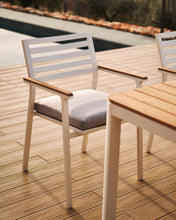 Load image into Gallery viewer, Bona stackable outdoor chair in aluminium with white finish and solid teak wood armrests - image 11