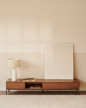 Load image into Gallery viewer, Vedrana 3 drawer TV stand in walnut veneer with black steel legs, 195 x 35 cm - image 7