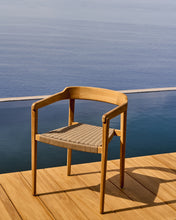 Load image into Gallery viewer, Icaro stackable chair in FSC 100% solid teak wood with natural finish and beige rope cord - image 9