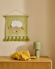 Load image into Gallery viewer, Milu wall tapestry in green cotton with a sheep and green tassels - image 6