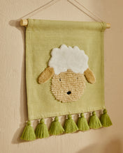 Load image into Gallery viewer, Milu wall tapestry in green cotton with a sheep and green tassels - image 5