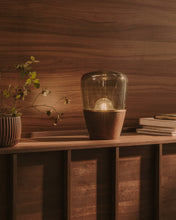 Load image into Gallery viewer, Silex table lamp made of walnut veneer and green glass UK adapter - image 3
