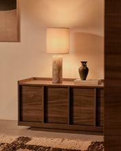 Load image into Gallery viewer, Raze table lamp in beige marble with a beige linen shade UK adapter