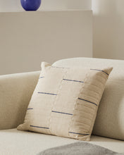 Load image into Gallery viewer, Blaina cushion cover in white linen with a blue embroidery feature, 45 x 45 cm