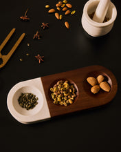 Load image into Gallery viewer, Tori serving dish for snacks made of acacia wood and white marble FSC 100%