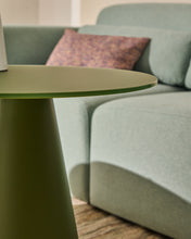 Load image into Gallery viewer, Wilshire side table with frosted tempered glass and matt green painted steel finish Ø50cm - image 3
