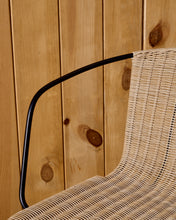 Load image into Gallery viewer, Eltiera stackable chair in synthetic rattan with black steel frame and armrests - image 13