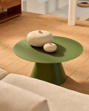 Load image into Gallery viewer, Wilshire coffee table with frosted tempered glass and matt green painted steel finish Ø80cm - image 2