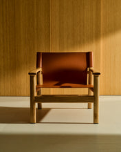 Load image into Gallery viewer, Jan armchair made of light brown recycled leather fibres and FSC 100% solid ash wood with natural tone finish - image 9