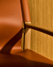 Load image into Gallery viewer, Jan armchair made of light brown recycled leather fibres and FSC 100% solid ash wood with natural tone finish - image 10
