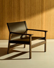 Load image into Gallery viewer, Jan armchair made of dark brown recycled leather fibres and FSC 100% solid ash wood with walnut-coloured finish - image 9