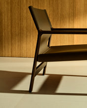 Load image into Gallery viewer, Jan armchair made of dark brown recycled leather fibres and FSC 100% solid ash wood with walnut-coloured finish - image 11