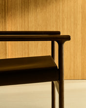 Load image into Gallery viewer, Jan armchair made of dark brown recycled leather fibres and FSC 100% solid ash wood with walnut-coloured finish - image 12