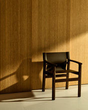 Load image into Gallery viewer, Jan chair made of dark brown recycled leather fibres and FSC 100% solid ash wood with walnut-coloured finish - image 5