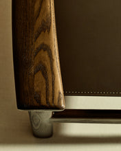 Load image into Gallery viewer, Jan chair made of dark brown recycled leather fibres and FSC 100% solid ash wood with walnut-coloured finish - image 7