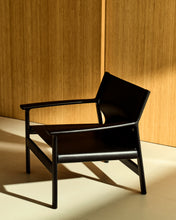 Load image into Gallery viewer, Jan armchair made of black recycled leather fibres and FSC 100% solid ash wood with black finish - image 5