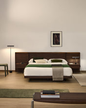 Load image into Gallery viewer, Norlen bed with 2 bedside tables in walnut veneer with dark finish and LED light for 180 x 200 cm mattress FSC Mix Credit UK adapter - image 9