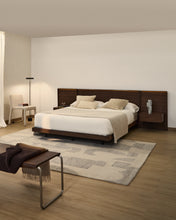 Load image into Gallery viewer, Norlen bed with 2 bedside tables in walnut veneer with dark finish and LED light for 160 x 200cm mattress FSC Mix Credit UK adapter - image 5