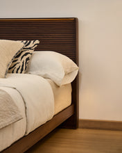 Load image into Gallery viewer, Norlen headboard in walnut veneer with dark finish and LED light for a bed up to 180 cm FSC Mix Credit UK adapter - image 6
