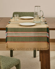 Load image into Gallery viewer, Davia 100% cotton table runner with green stripes and fringed detail 50 x 150cm - image 2