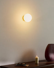 Load image into Gallery viewer, Brisia metal wall lamp with brushed brass finish and 1 frosted glass ball Ø15cm - image 2