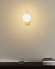 Load image into Gallery viewer, Brisia metal wall lamp with brushed brass finish with arms and 1 frosted glass ball Ø15cm - image 2