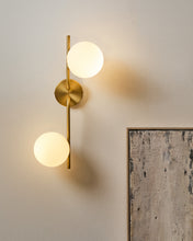 Load image into Gallery viewer, Brisia metal wall lamp with brushed brass finish and 2 frosted glass balls Ø15cm - image 2