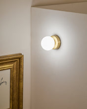 Load image into Gallery viewer, Brisia metal wall lamp with brushed brass finish and 1 frosted glass ball Ø8cm - image 2