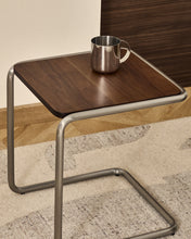 Load image into Gallery viewer, Tarsel side table in walnut veneer with brushed stainless steel structure 42 x 60cm - image 6