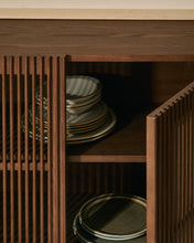 Load image into Gallery viewer, Beyla sideboard with 4 doors in ash veneer and solid ash wood with walnut-tone finish 180 x 71.5 cm FSC 100% - image 6