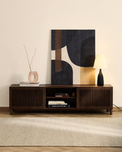 Load image into Gallery viewer, Beyla TV stand with 2 doors in ash veneer and solid ash wood with walnut-tone finish 180 x 49.5 cm FSC 100% - image 5