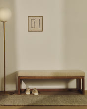 Load image into Gallery viewer, Loya bench in beige chenille and beech wood with walnut-coloured finish 128cm - image 3