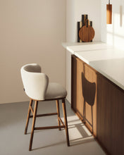 Load image into Gallery viewer, Ciselia beige chenille stool with solid ash wood legs with walnut-coloured finish FSC Mix Credit 65cm - image 4