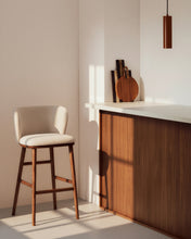 Load image into Gallery viewer, Ciselia beige chenille stool with solid ash wood legs with walnut-coloured finish FSC Mix Credit 75cm - image 5