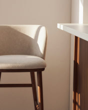Load image into Gallery viewer, Ciselia beige chenille stool with solid ash wood legs with walnut-coloured finish FSC Mix Credit 75cm - image 6