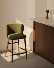 Load image into Gallery viewer, Ciselia dark green thick chenille stool with solid ash wood legs with walnut-coloured finish FSC Mix Credit 75cm - image 5